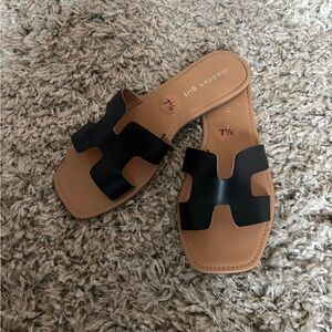 Black and Tan Slide Sandals